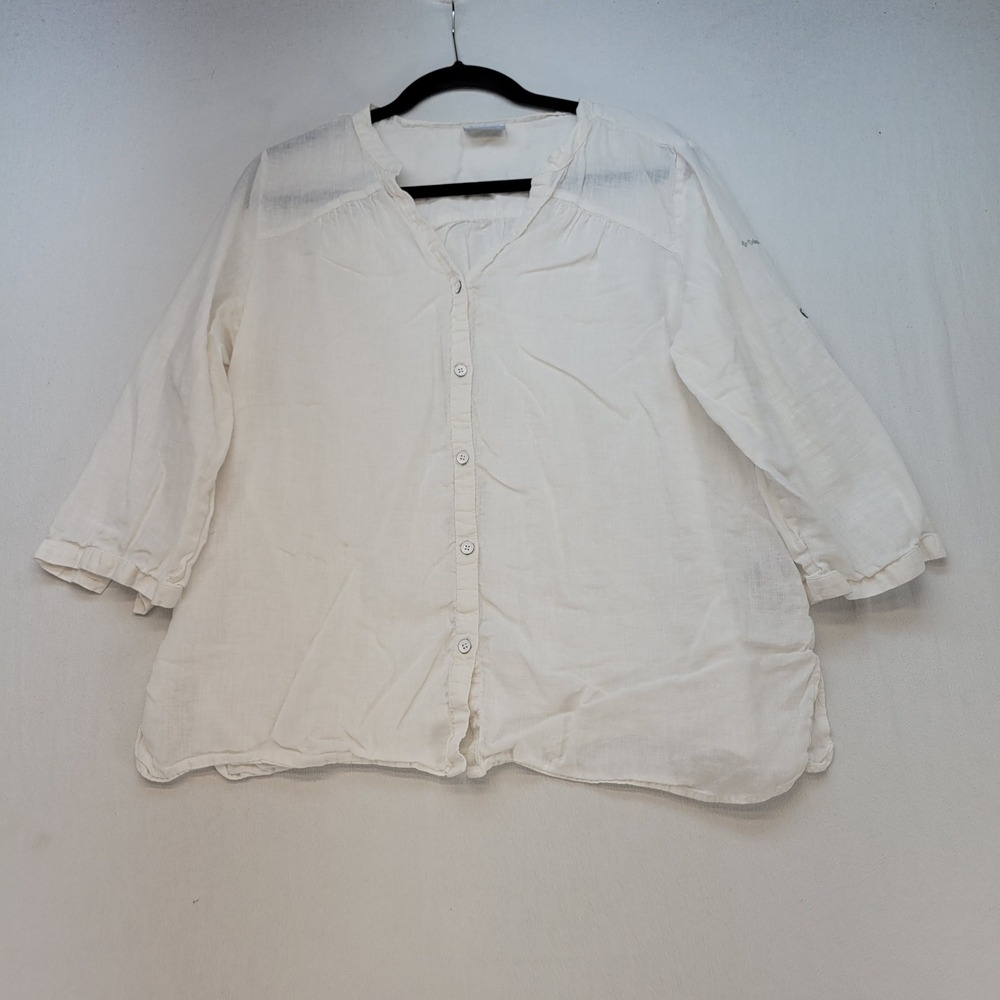 Columbia Button Up Blouse Womens XL White Boxy Linen Cotton 3/4 Sleeve Top